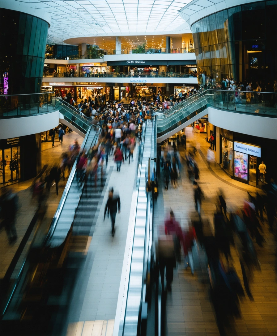 Shoppers in a vibrant blue and teal indoor mall