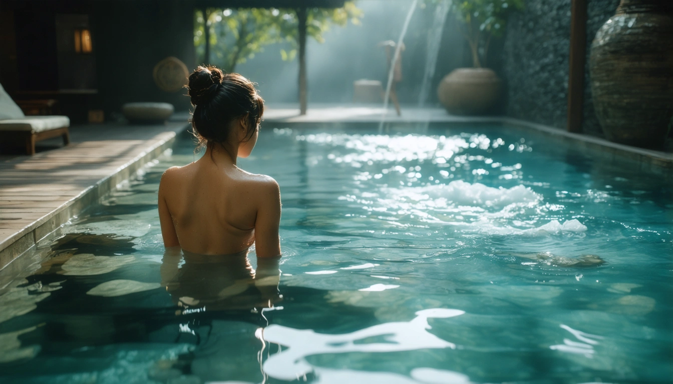 A bustling spa with shades of deep blue and teal