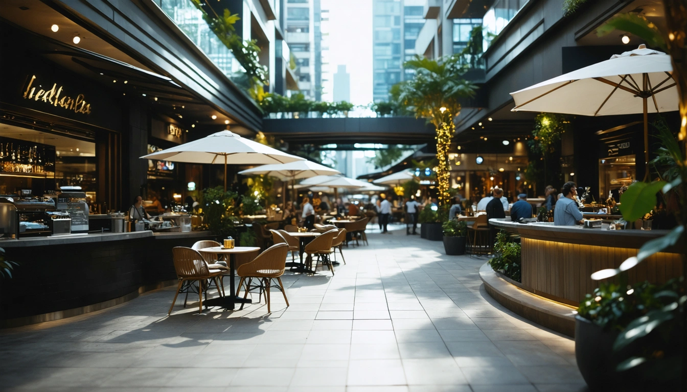 Luxury condos above an upscale outdoor mall with restaurants