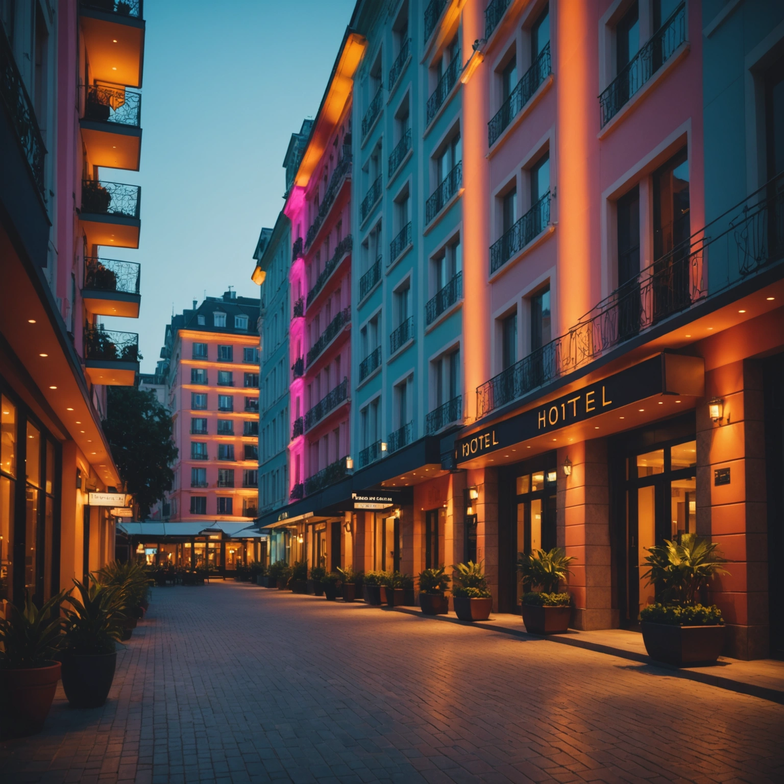 Row of colorful luxury hotels